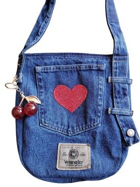 Handmade Upcycled Dark Denim Tote Bag Custom Bling Heart Cherry Charm Errands